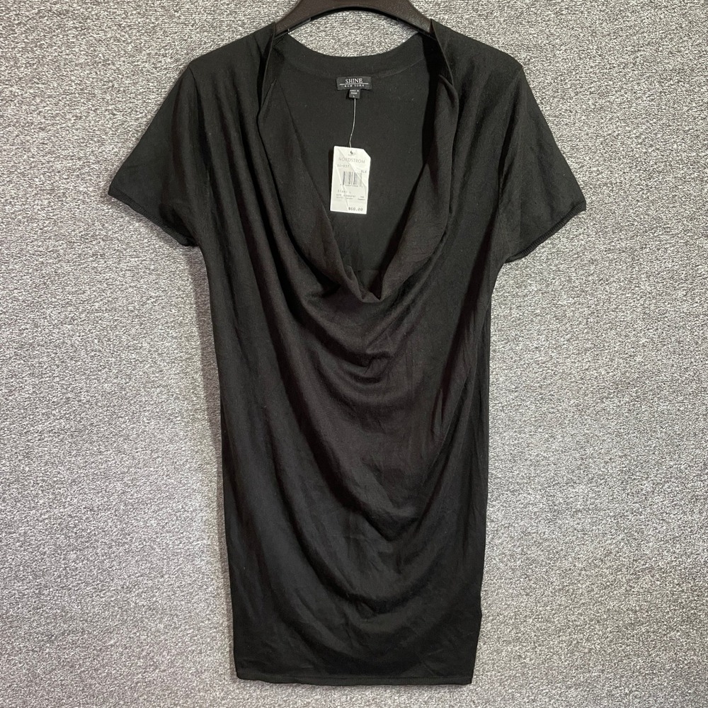 Shine New York Silk Cotton Cowl Neck Knit Top Black Short Sleeve L NWT